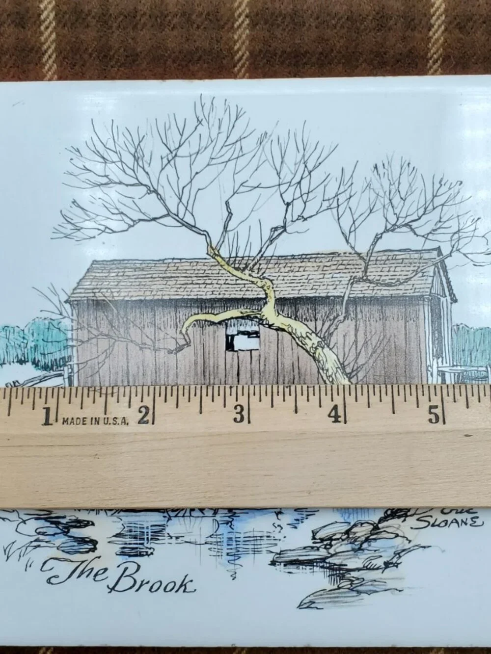 Vintage Eric Sloane The Brook Tile Trivet Horse Buggy Covered Bridge 6
